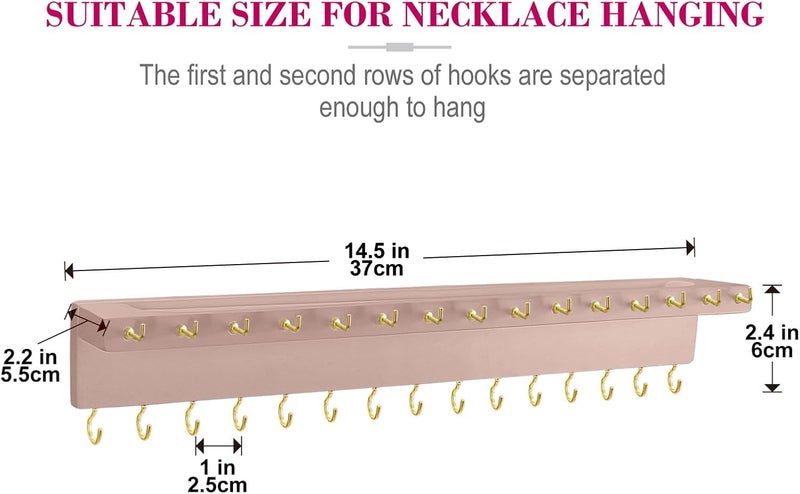YYILIS Necklace Holder, Upgraded Extra Large Wall Necklace Organizer with 30 Hooks Wall Mounted Necklace Hanger with Jewelry Tray/Cosmetics Shelf Rustic Pine Wood Holder (Pink) - Image 2